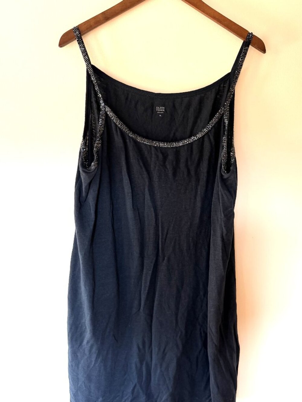 Eileen Fisher Navy Blue Beaded Mini Dress/Long Tunic, 100% Linen Knit, Size XL